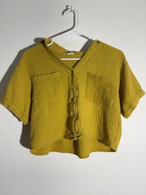 Love Notes Mustard Yellow Double Gauze Cotton Button Up Crop Top Shirt M
